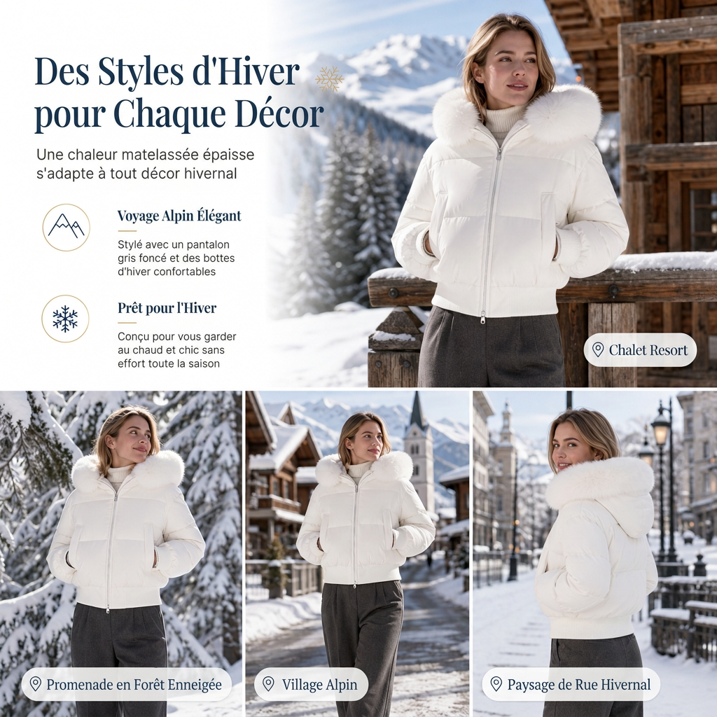 Manteau matelassé court à capuche pour femme, avec col en fourrure, pour l'hiver