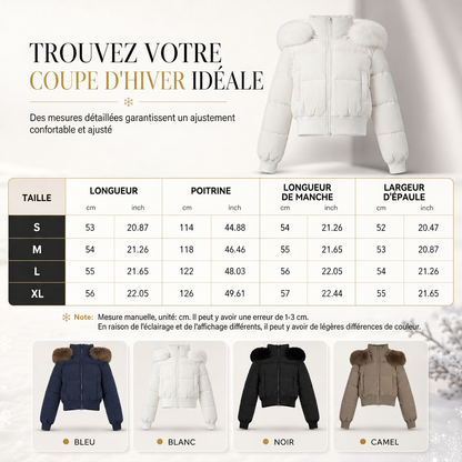 Manteau matelassé court à capuche pour femme, avec col en fourrure, pour l'hiver