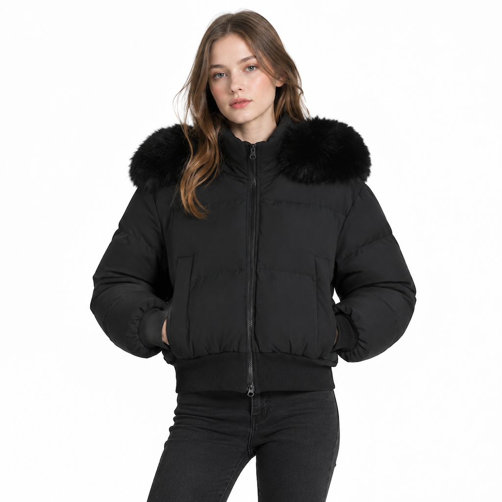 Manteau matelassé court à capuche pour femme, avec col en fourrure, pour l'hiver