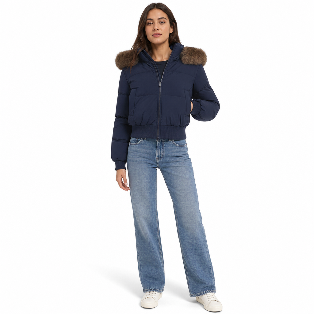 Manteau matelassé court à capuche pour femme, avec col en fourrure, pour l'hiver