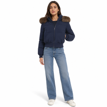 Manteau matelassé court à capuche pour femme, avec col en fourrure, pour l'hiver