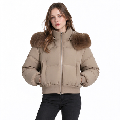 Manteau matelassé court à capuche pour femme, avec col en fourrure, pour l'hiver