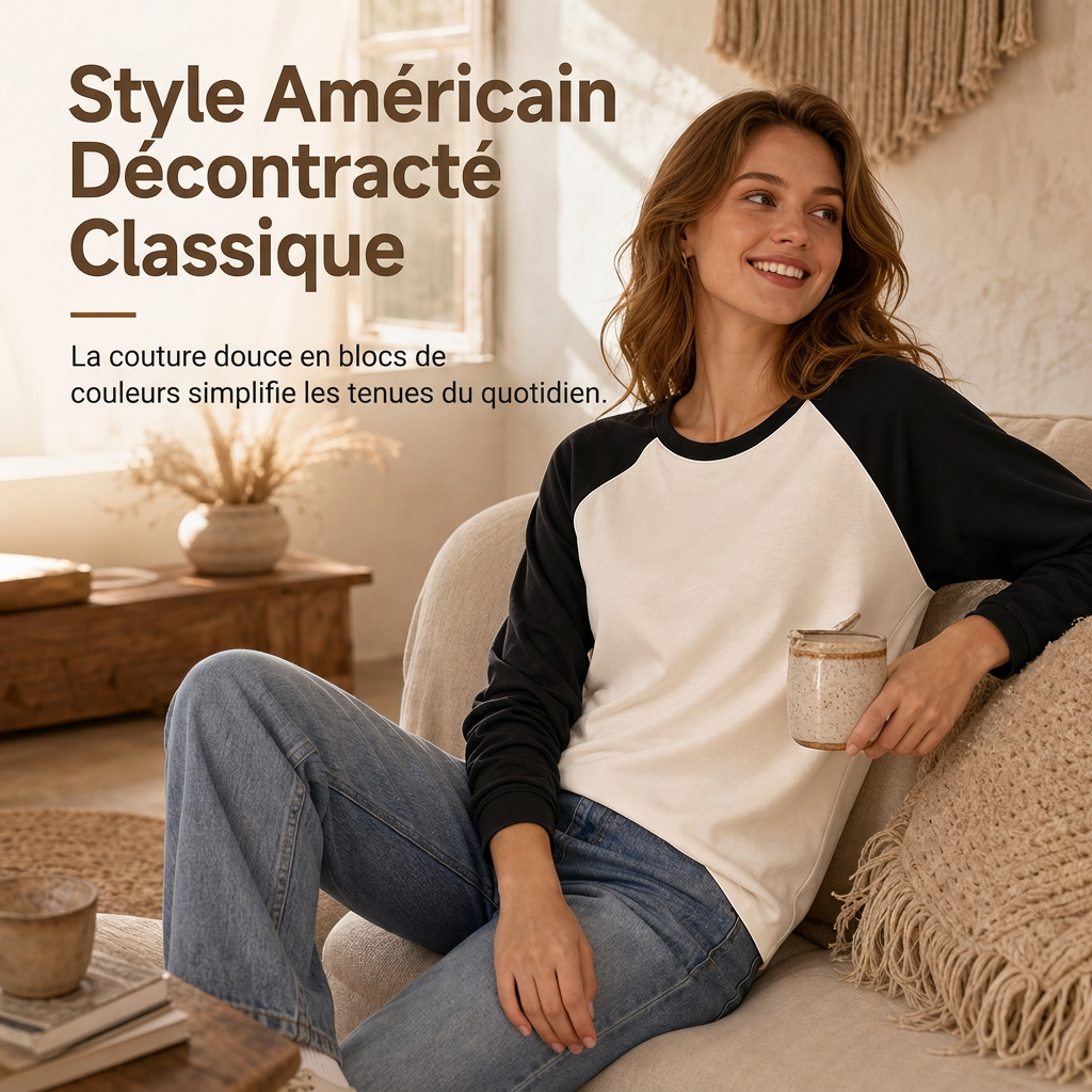 T-shirt décontracté à manches longues et col rond pour femme, haut à pull-over avec blocs de couleurs
