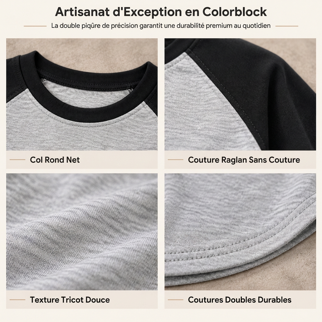 T-shirt décontracté à manches longues et col rond pour femme, haut à pull-over avec blocs de couleurs
