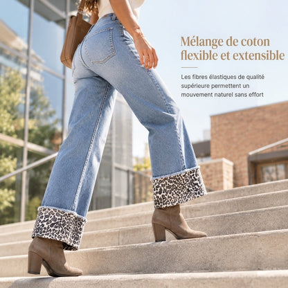 Jeans en denim bleu à imprimé léopard décontracté, lavé et extensible pour femme
