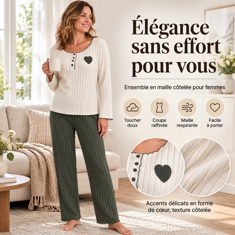 Ensemble de pyjama côtelé brodé de cœur pour femmes