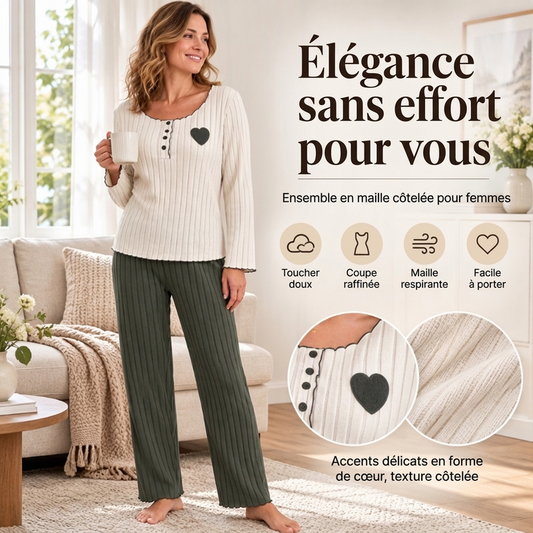 Ensemble de pyjama côtelé brodé de cœur pour femmes