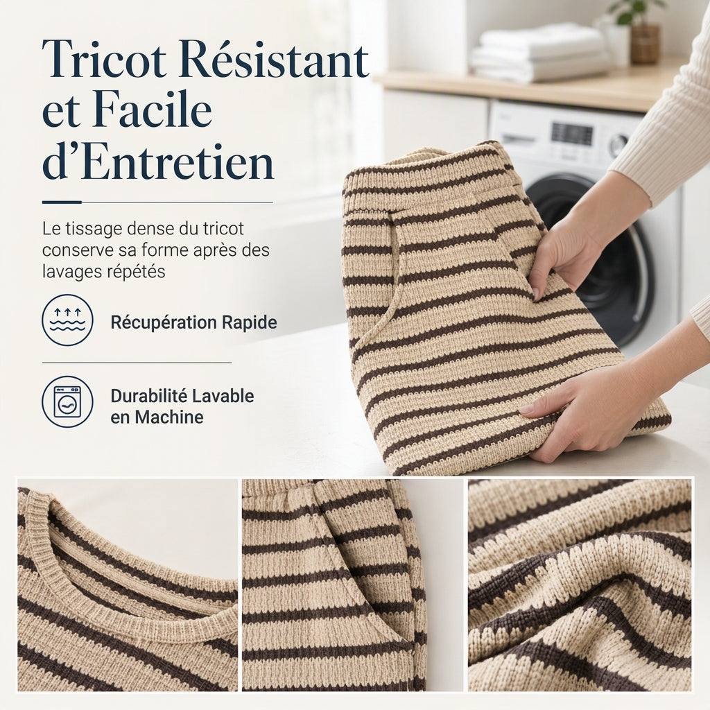 ✨ Ensemble de détente pour femme : haut rayé à col rond et manches longues, pantalon à cordon de serrage, facile à porter au quotidien 🛋️