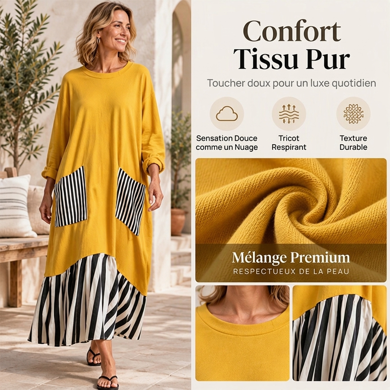 Robe longue maxi à manches longues et patchwork rayé pour femme