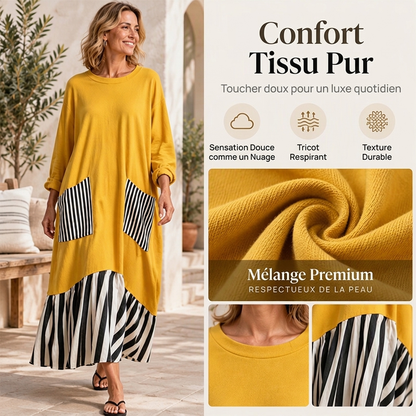 Robe longue maxi à manches longues et patchwork rayé pour femme
