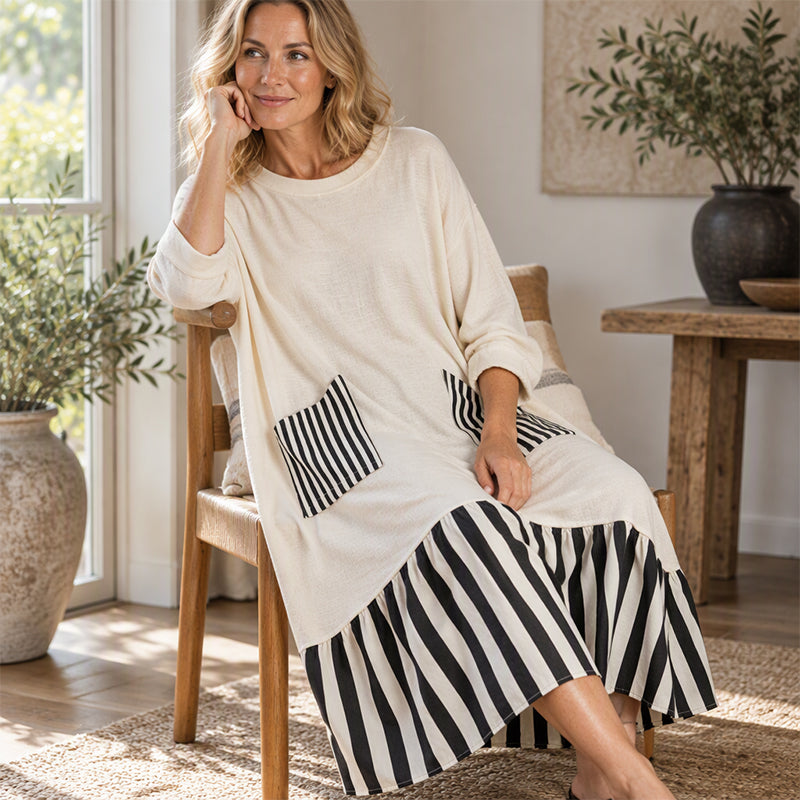 Robe longue maxi à manches longues et patchwork rayé pour femme