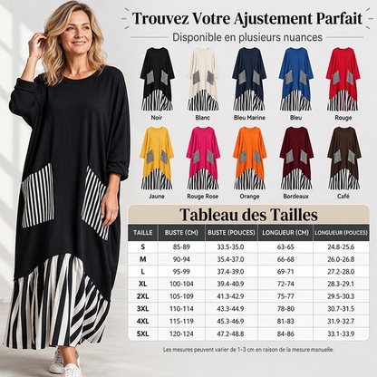 Robe longue maxi à manches longues et patchwork rayé pour femme