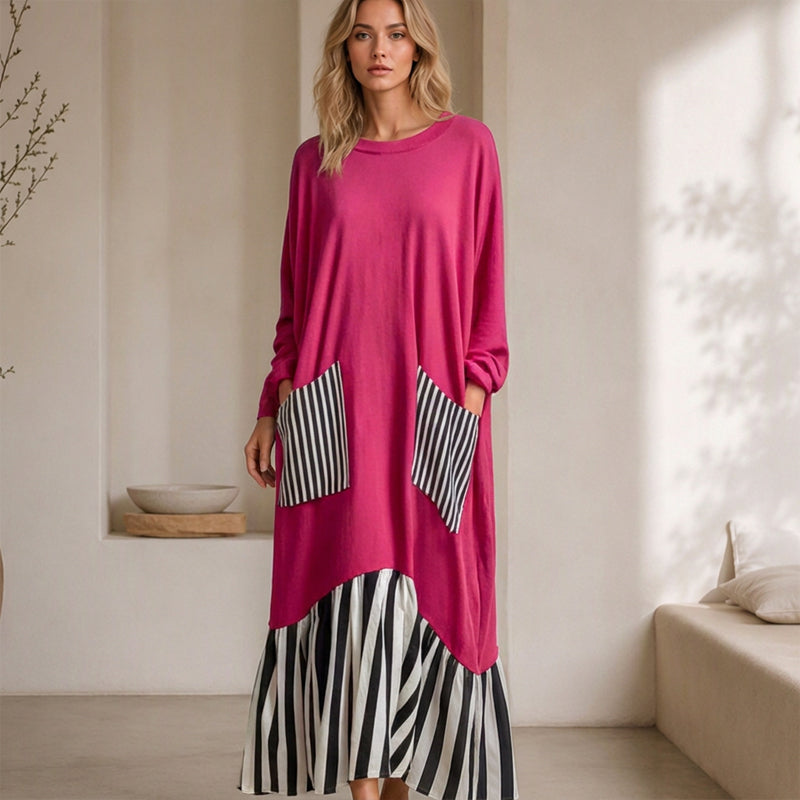 Robe longue maxi à manches longues et patchwork rayé pour femme