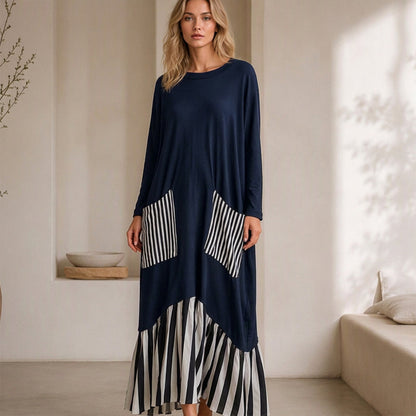 Robe longue maxi à manches longues et patchwork rayé pour femme