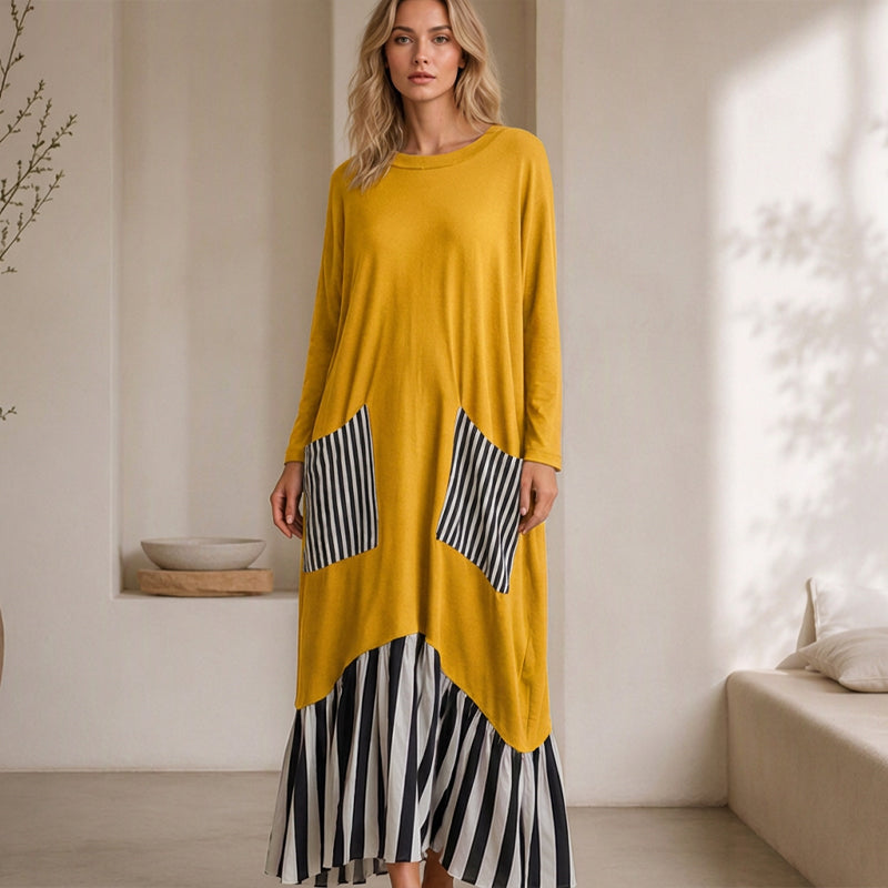 Robe longue maxi à manches longues et patchwork rayé pour femme
