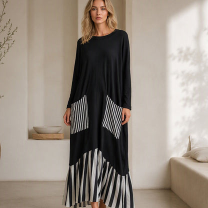 Robe longue maxi à manches longues et patchwork rayé pour femme