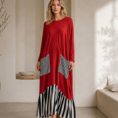 Robe longue maxi à manches longues et patchwork rayé pour femme