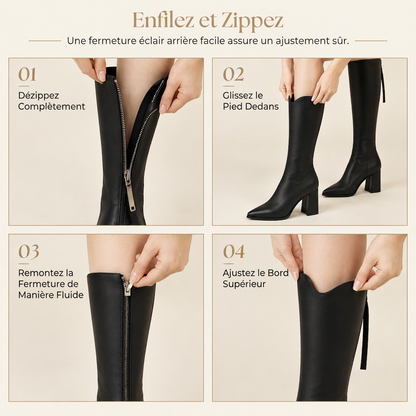 Bottes d'équitation genoux pointues pour femme, à talons haurs épais et fermeture éclair arrière