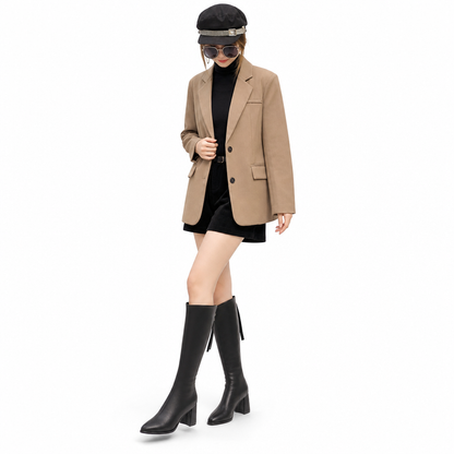 Bottes d'équitation genoux pointues pour femme, à talons haurs épais et fermeture éclair arrière