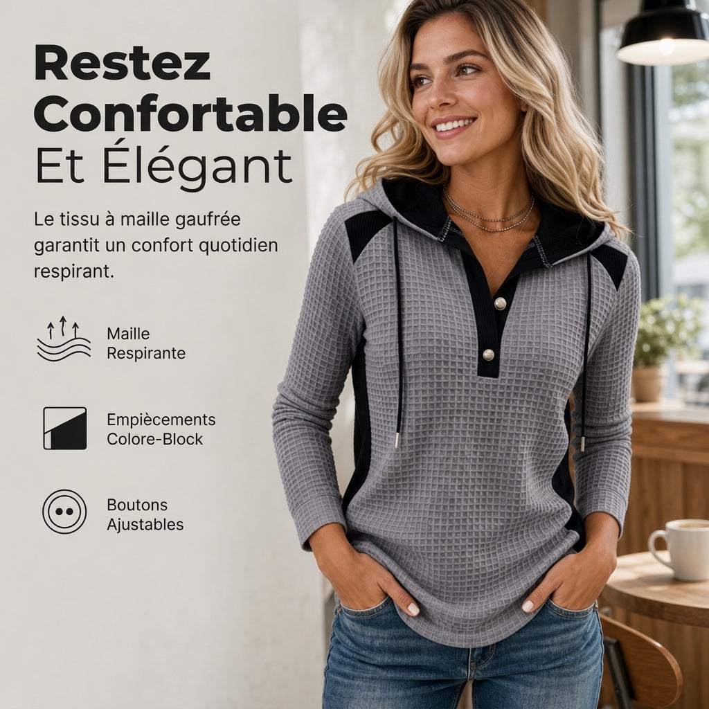 Sweat-shirt à capuche décontracté en maille gaufrée et patchwork pour femme