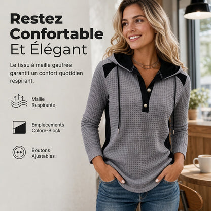 Sweat-shirt à capuche décontracté en maille gaufrée et patchwork pour femme