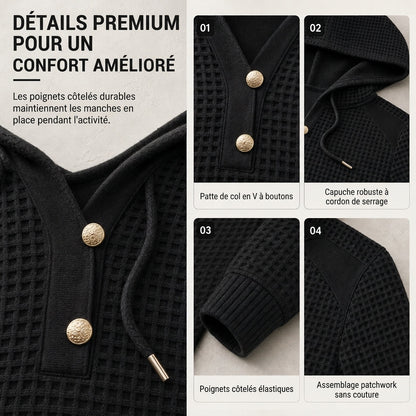 Sweat-shirt à capuche décontracté en maille gaufrée et patchwork pour femme