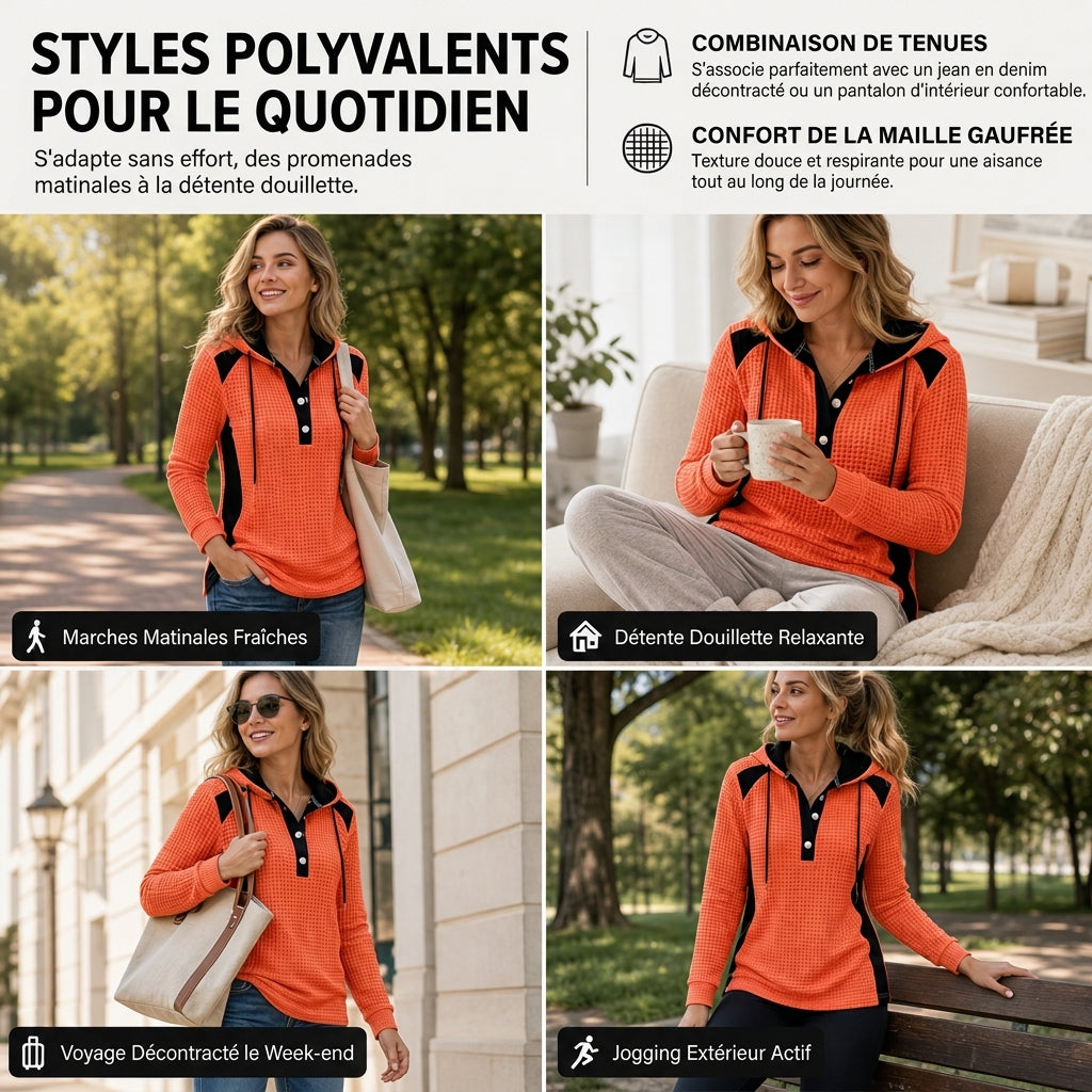 Sweat-shirt à capuche décontracté en maille gaufrée et patchwork pour femme