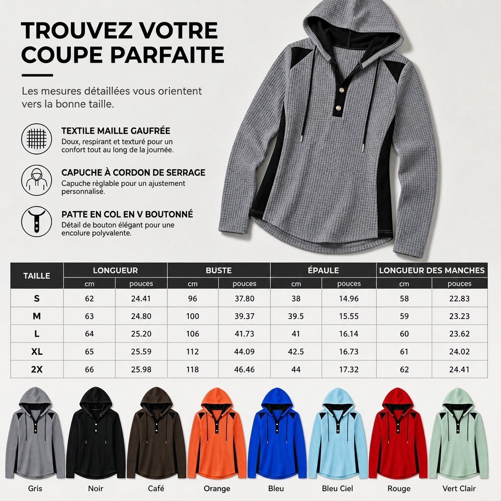 Sweat-shirt à capuche décontracté en maille gaufrée et patchwork pour femme