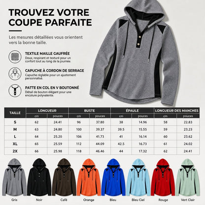 Sweat-shirt à capuche décontracté en maille gaufrée et patchwork pour femme