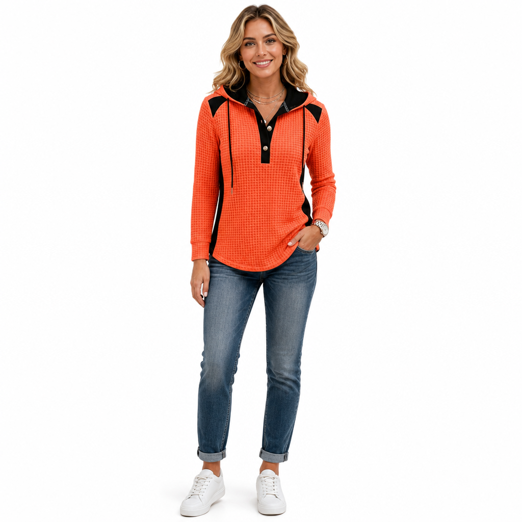 Sweat-shirt à capuche décontracté en maille gaufrée et patchwork pour femme