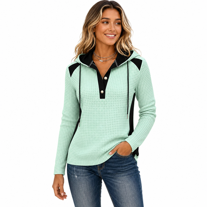 Sweat-shirt à capuche décontracté en maille gaufrée et patchwork pour femme