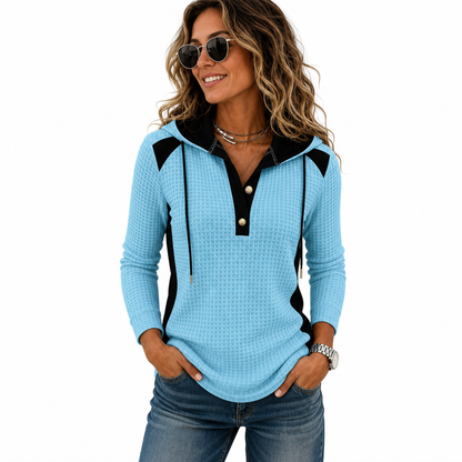 Sweat-shirt à capuche décontracté en maille gaufrée et patchwork pour femme