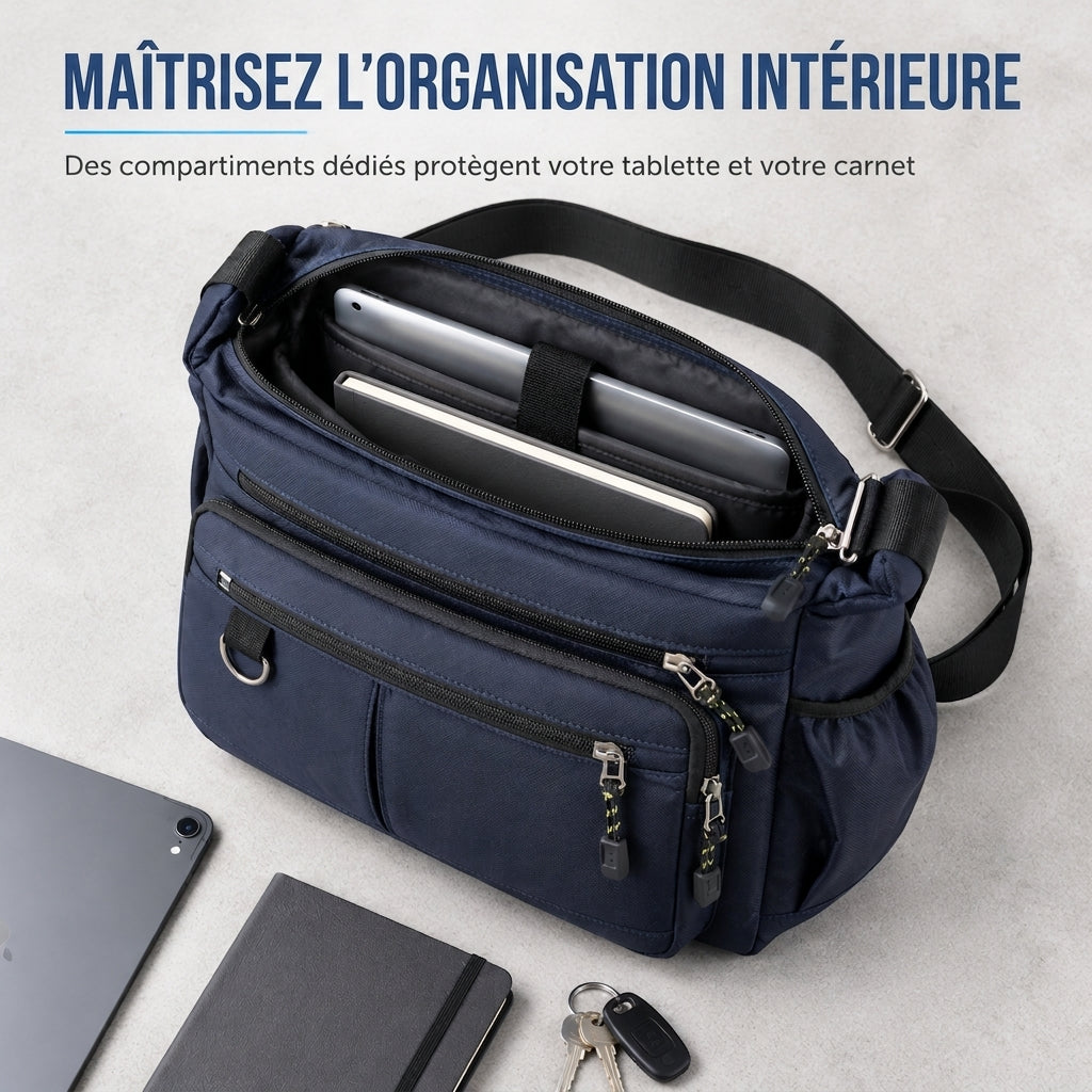 Sac bandoulière grande capacité pour homme, sac à bandoulière décontracté pour affaires à plusieurs poches et durable