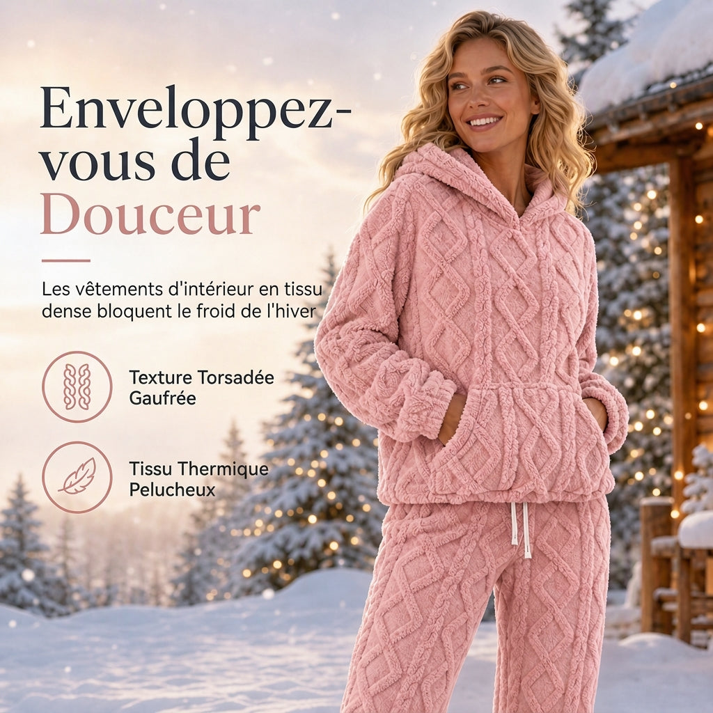 Ensemble de détente 2 pièces en tissu pelucheux pour femme, sweat à capuche et pantalon