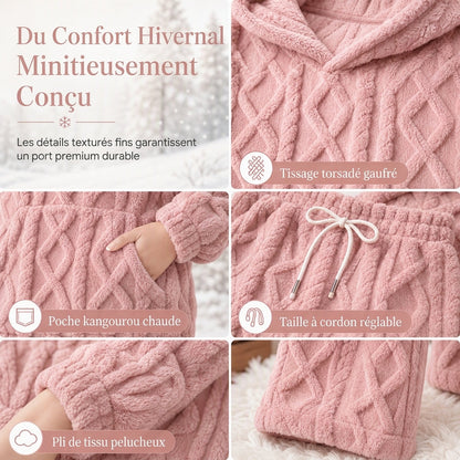 Ensemble de détente 2 pièces en tissu pelucheux pour femme, sweat à capuche et pantalon