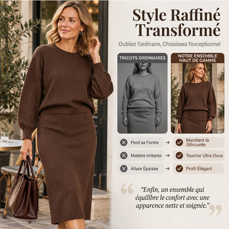 Ensemble femme en maille : haut col rond + jupe midi