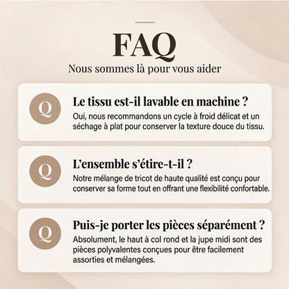 Ensemble femme en maille : haut col rond + jupe midi