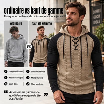 Pull à capuche pour homme, épaules texturées et plissées
