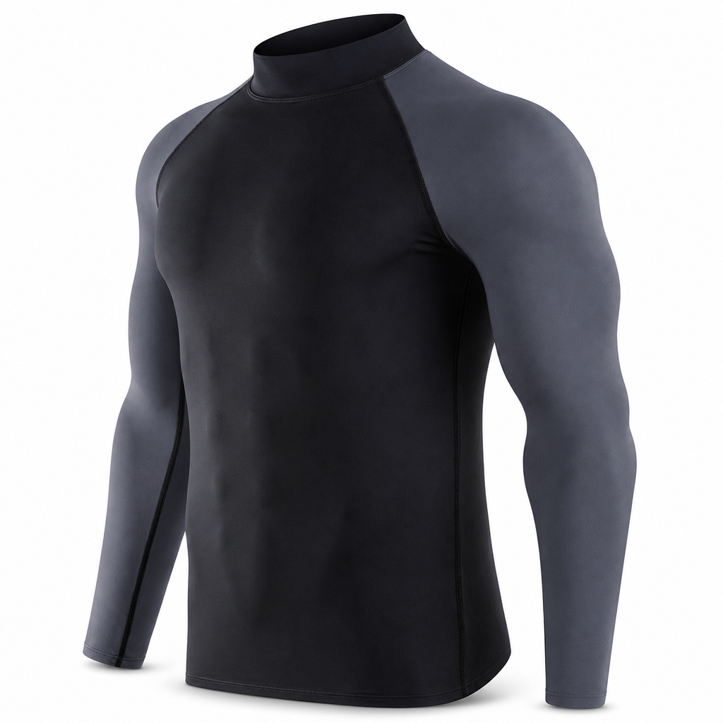 T-shirt à manches longues de compression doublé en tissu thermique d'hiver pour hommes, col haut, couche de base pour la course à pied et l'entraînement sportif
