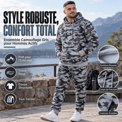 Ensemble à capuche et pantalon camouflage pour homme avec doublure en peluche