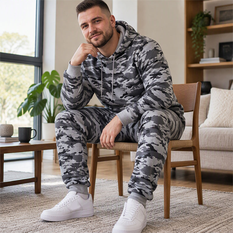 Ensemble à capuche et pantalon camouflage pour homme avec doublure en peluche