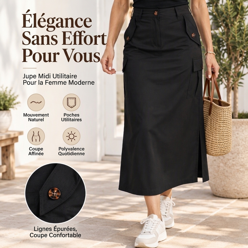 Jupe midi cargo taille haute pour femme