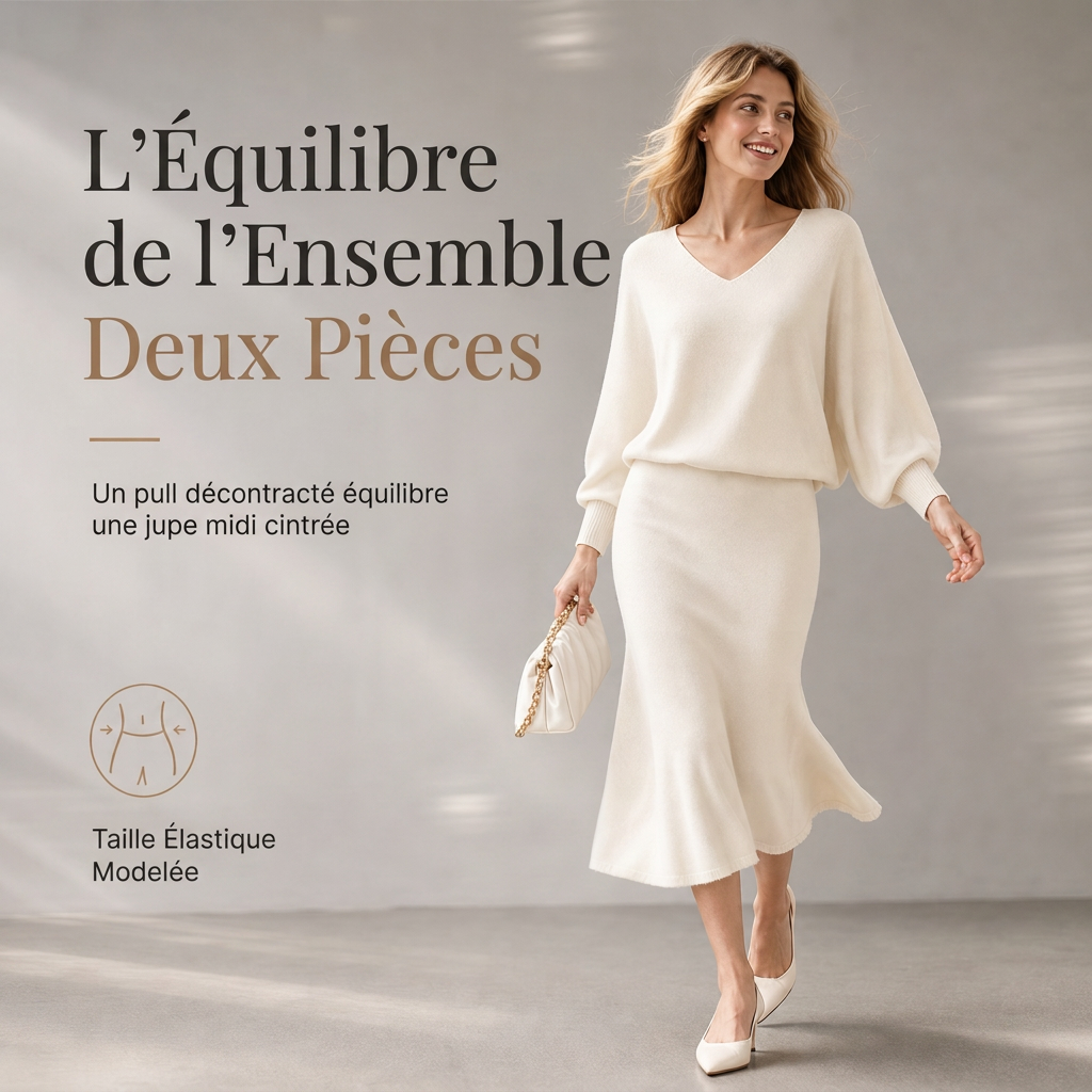 Ensemble deux pièces élégant: haut en maille col V et manches chauve-souris + jupe mi-longue