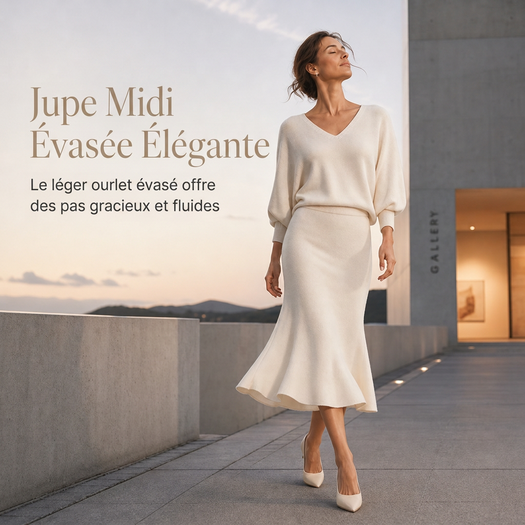 Ensemble deux pièces élégant: haut en maille col V et manches chauve-souris + jupe mi-longue