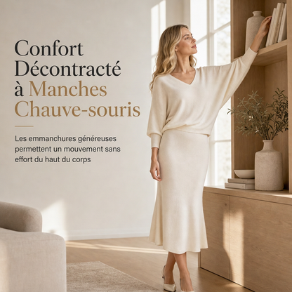 Ensemble deux pièces élégant: haut en maille col V et manches chauve-souris + jupe mi-longue