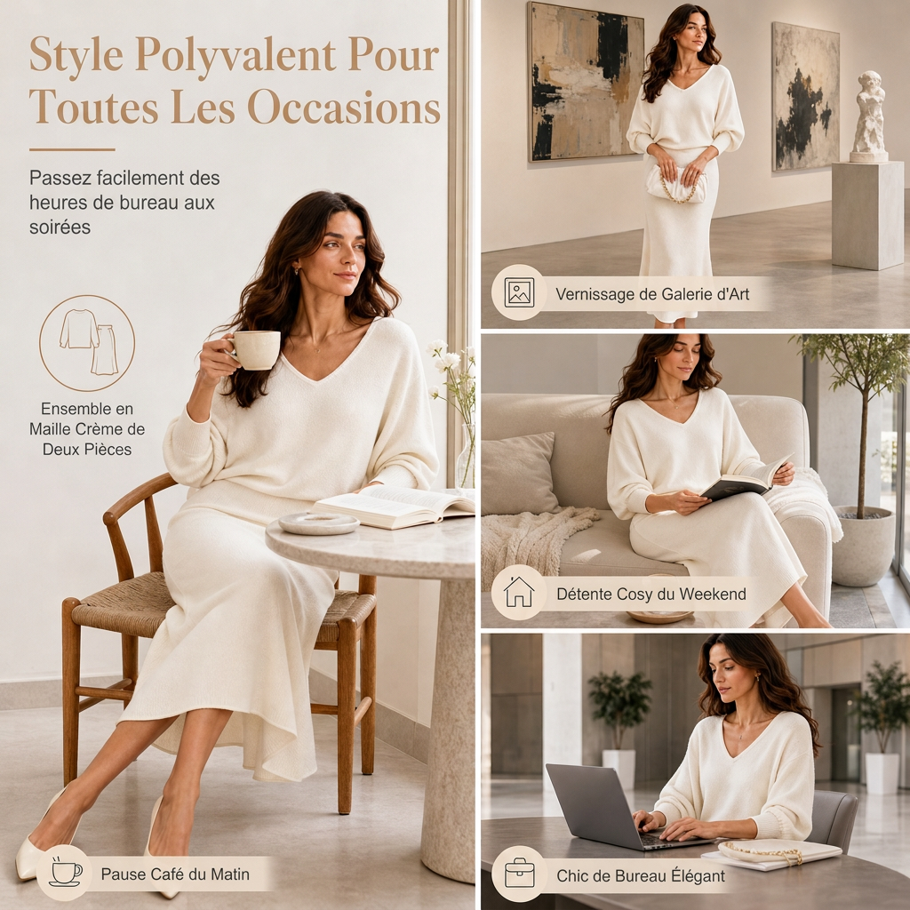 Ensemble deux pièces élégant: haut en maille col V et manches chauve-souris + jupe mi-longue