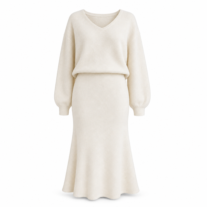 Ensemble deux pièces élégant: haut en maille col V et manches chauve-souris + jupe mi-longue