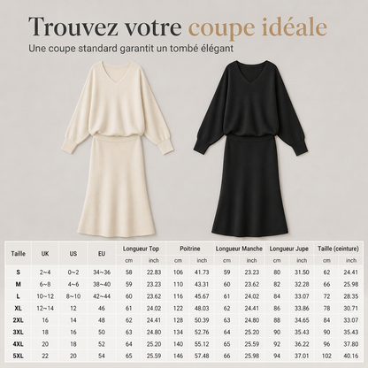 Ensemble deux pièces élégant: haut en maille col V et manches chauve-souris + jupe mi-longue