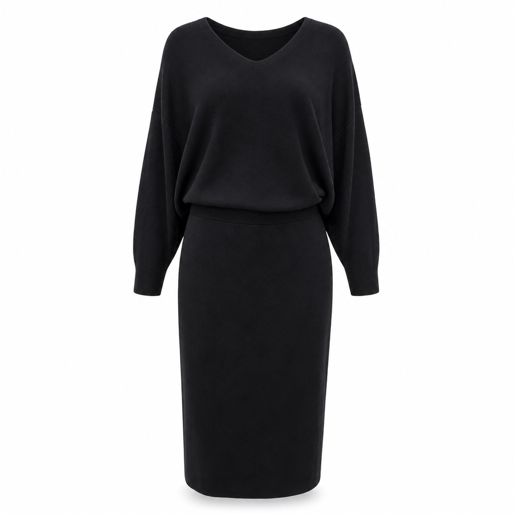 Ensemble deux pièces élégant: haut en maille col V et manches chauve-souris + jupe mi-longue