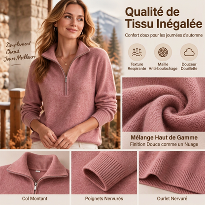 Pull femme décontracté à col demi-zippé et couleur unie